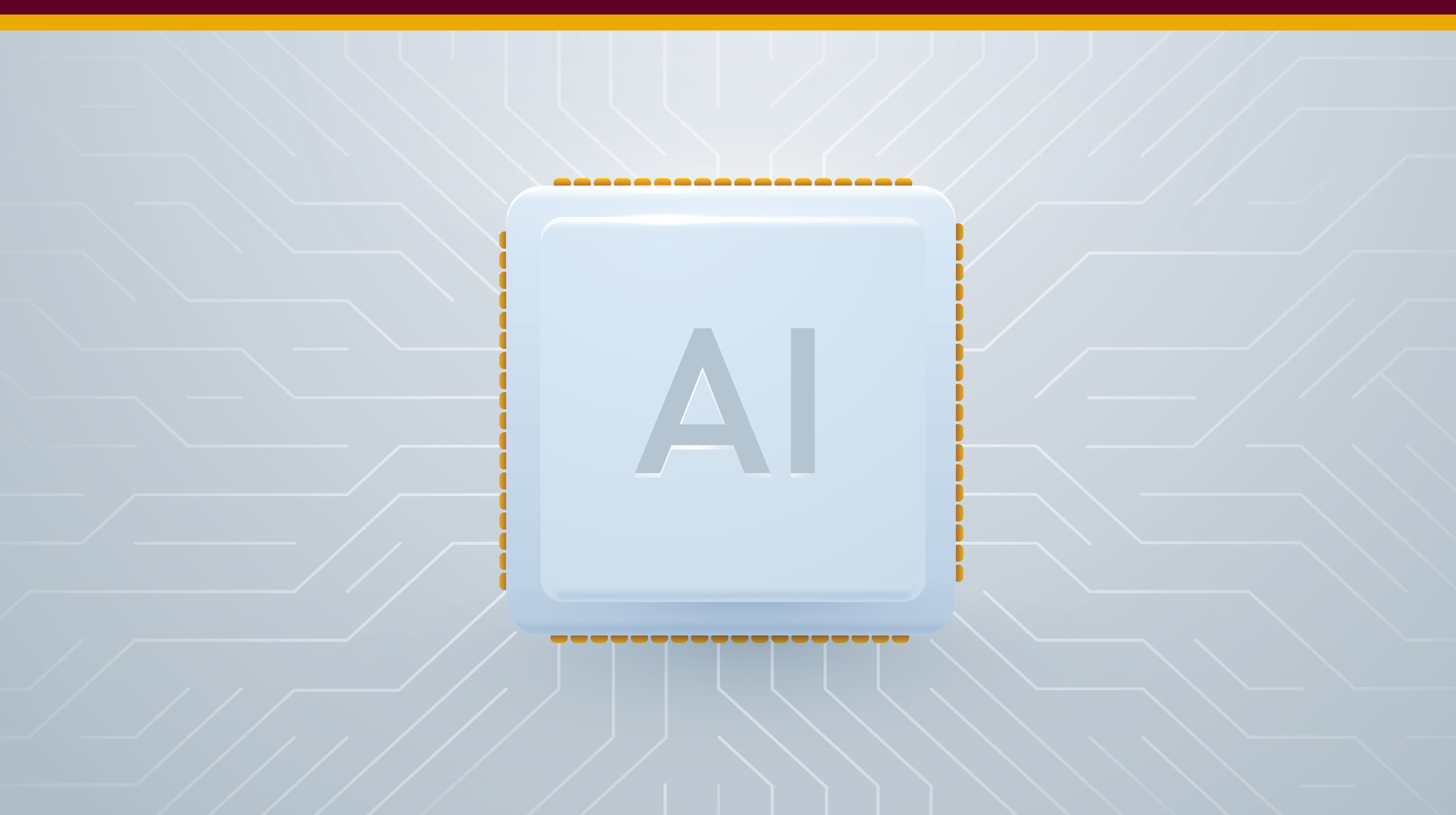 Graphic of an AI chip centered on a circuit board with digital pathways